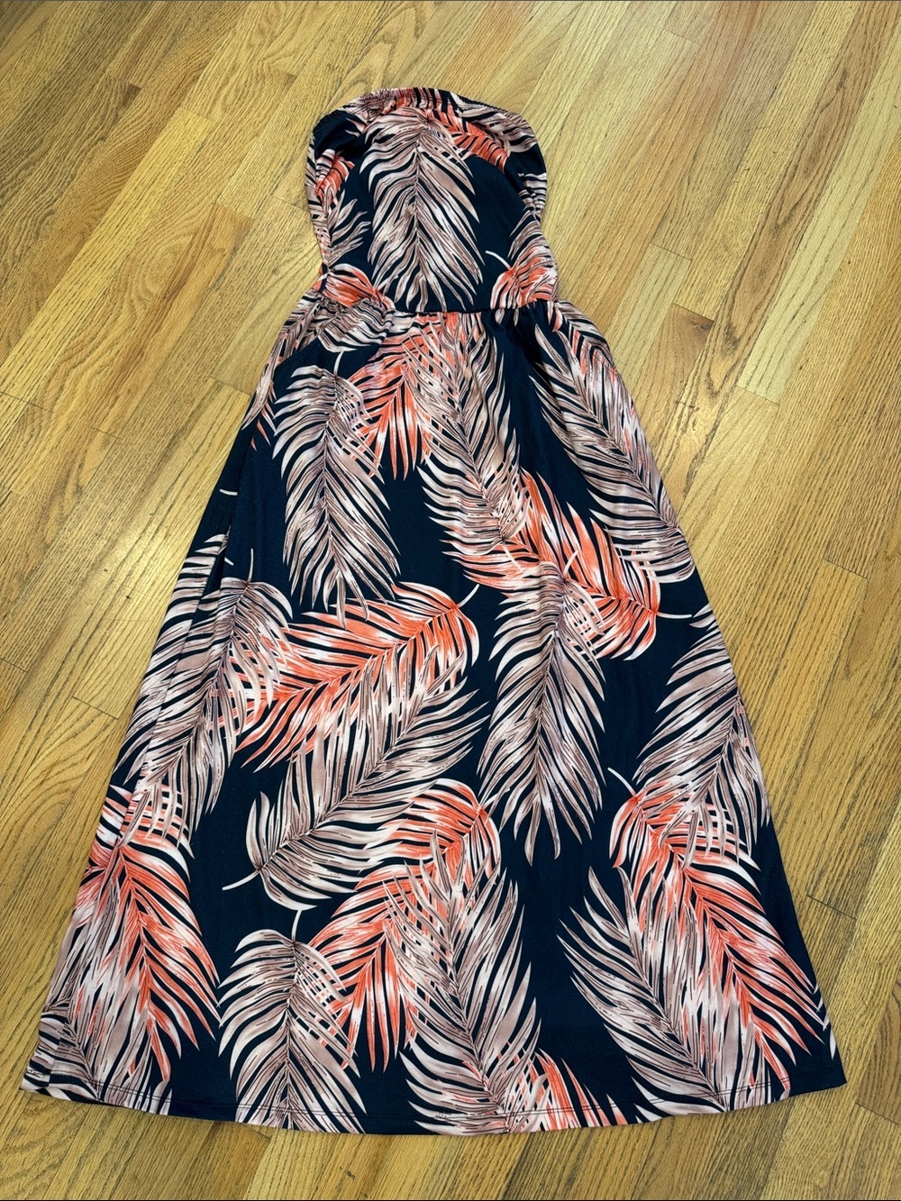 Navy Tropical Strapless Maxi Dress with Coral Palm Print Medium